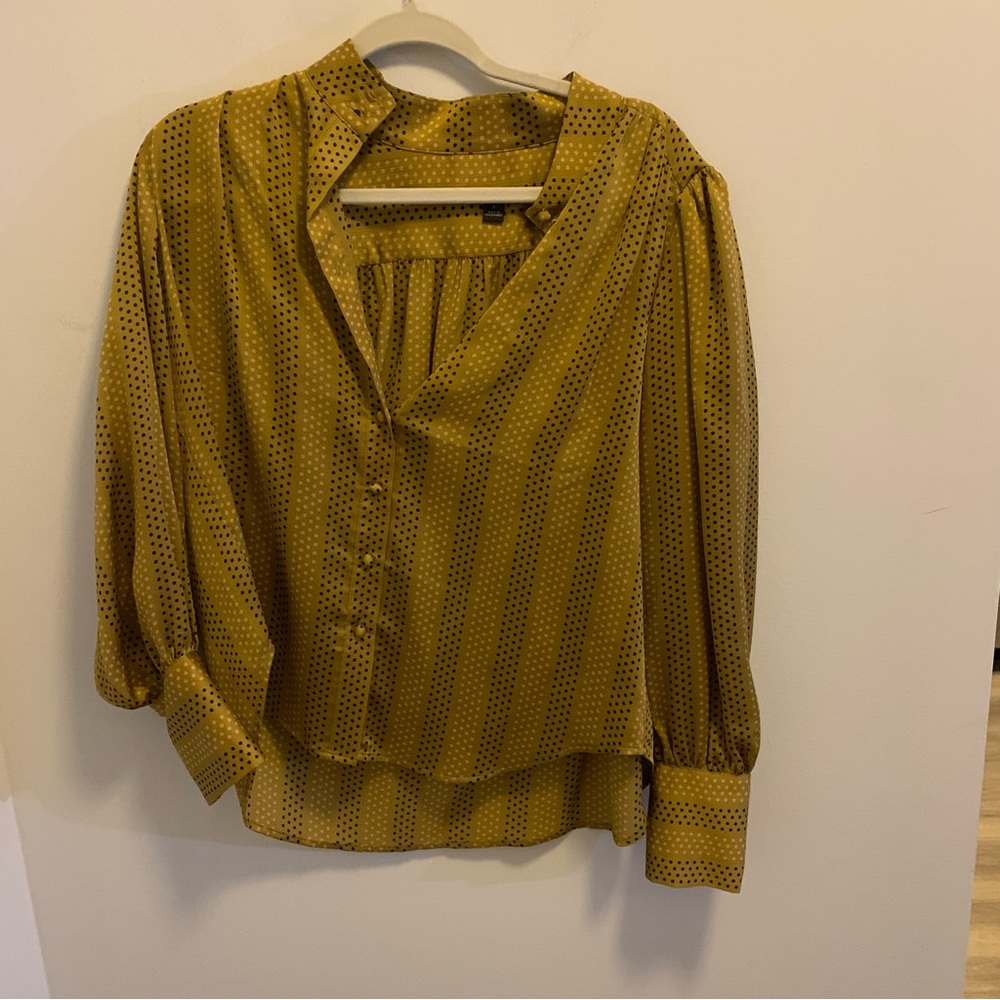 Ann Taylor Dotted Covered Button Mock Neck Blouse